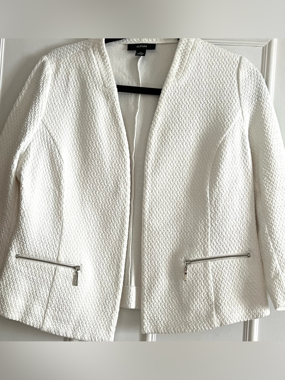 Alfani White Textured Open-Front Blazer with Zip Pockets